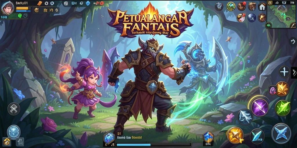 Tangkapan layar utama BARU01 menunjukkan pertempuran epik dalam game RPG.