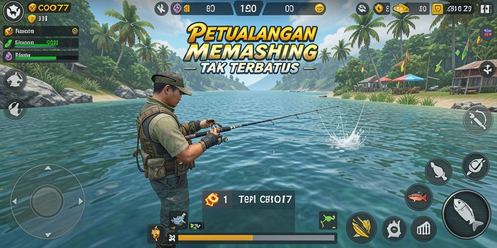 Screenshot gameplay COO77 dengan aksi memancing seru dan lokasi indah.