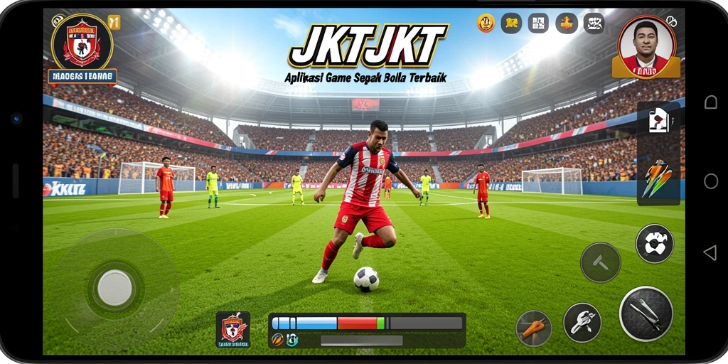 Screenshot gameplay JKTJKT menampilkan aksi seru dalam pertandingan sepak bola.