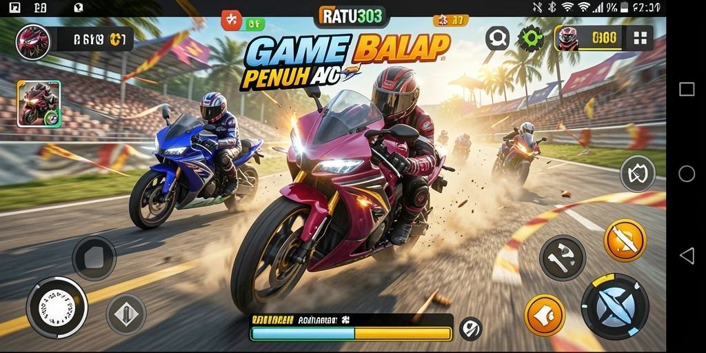 Tangkapan layar utama menunjukkan aksi balap motor yang seru dan mendebarkan.