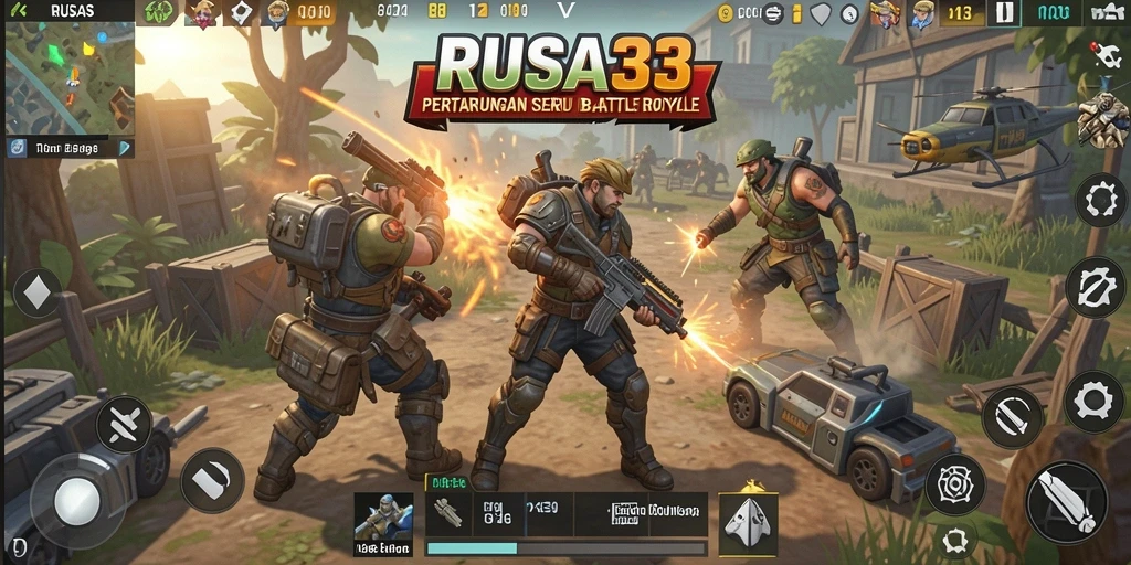 Tampilan screenshot utama RUSA33 yang menunjukkan aksi seru dalam gameplay Battle Royale.