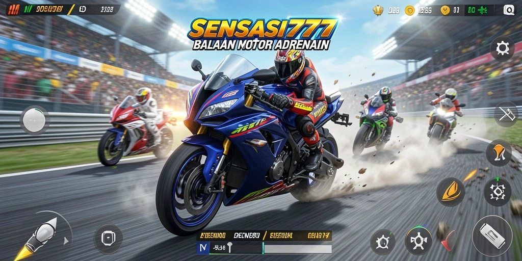 Screenshot SENSASI777 menampilkan aksi balapan motor yang mendebarkan.