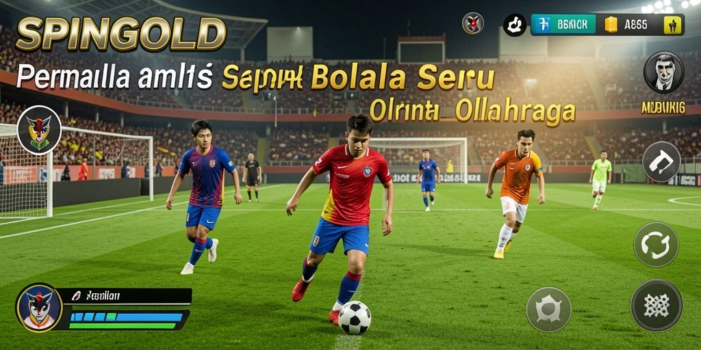Screenshot utama SPINGOLD menampilkan aksi seru pemain di lapangan sepak bola.