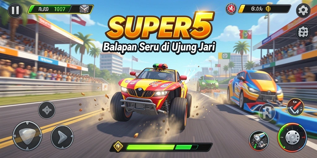 Tampilan gameplay balapan yang mendebarkan di SUPER5.