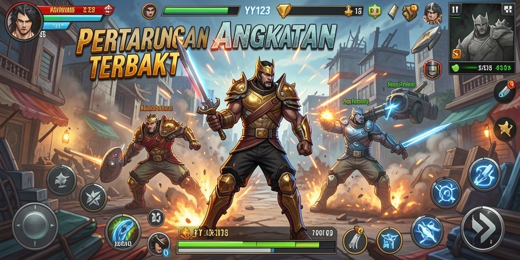 Screenshot gameplay YY123 menampilkan pertarungan seru dengan karakter yang beragam.